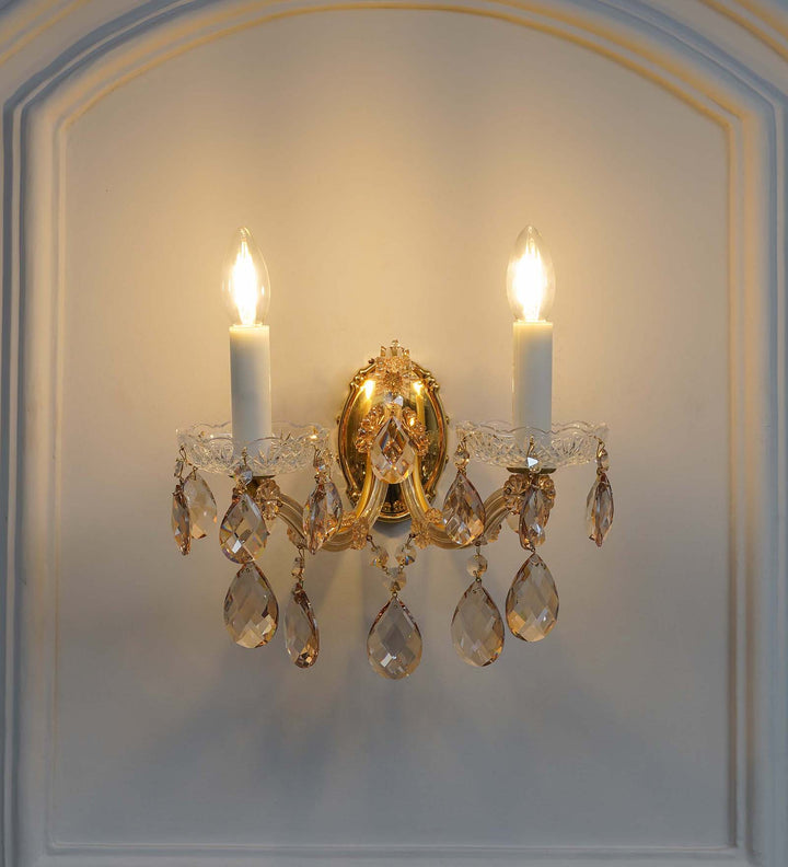 AURELIA 2-Light Gold Finish Crystal Wall Lamp with Hanging Cut Crystals