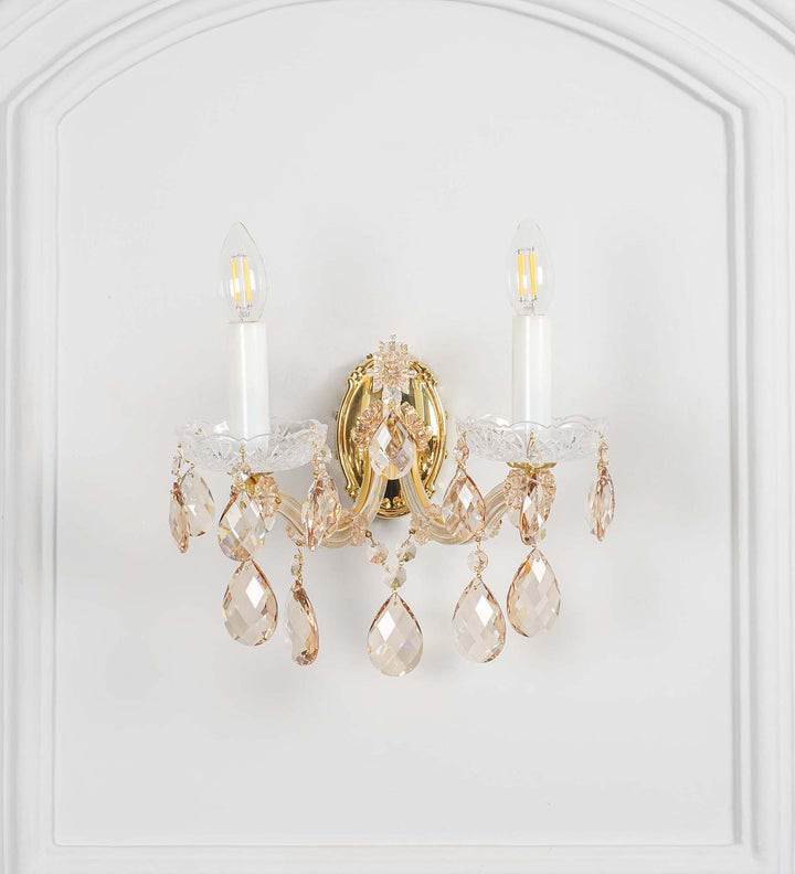 AURELIA 2-Light Gold Finish Crystal Wall Lamp with Hanging Cut Crystals