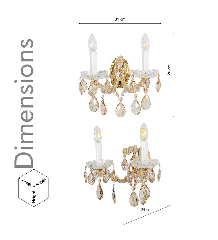 AURELIA 2-Light Gold Finish Crystal Wall Lamp with Hanging Cut Crystals