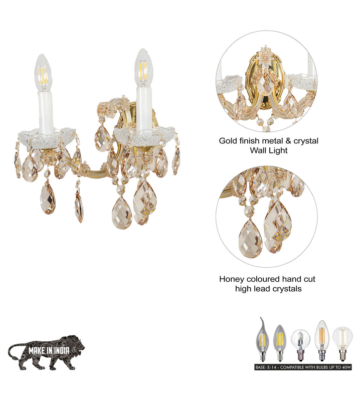 AURELIA 2-Light Gold Finish Crystal Wall Lamp with Hanging Cut Crystals