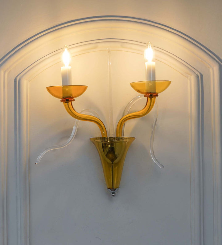 FLEMISH 2-Light Amber Glass Wall Lamp with Dual-Tone Finish & Chrome Metal Body