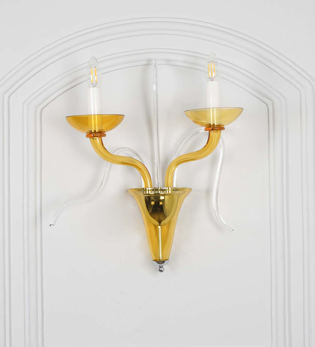 FLEMISH 2-Light Amber Glass Wall Lamp with Dual-Tone Finish & Chrome Metal Body