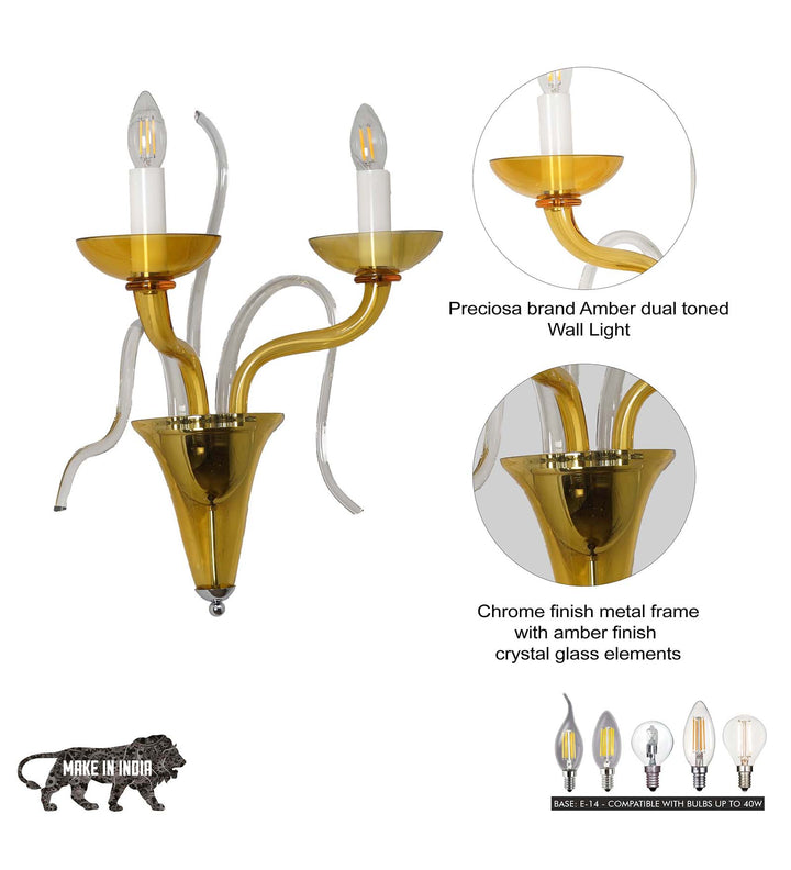 FLEMISH 2-Light Amber Glass Wall Lamp with Dual-Tone Finish & Chrome Metal Body