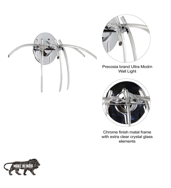 MALIBU Ultra Modern Crystal Wall Light with Clear Glass Elements & Chrome Body – Designer Wall Lamp for Bedroom, Living Room & Interiors