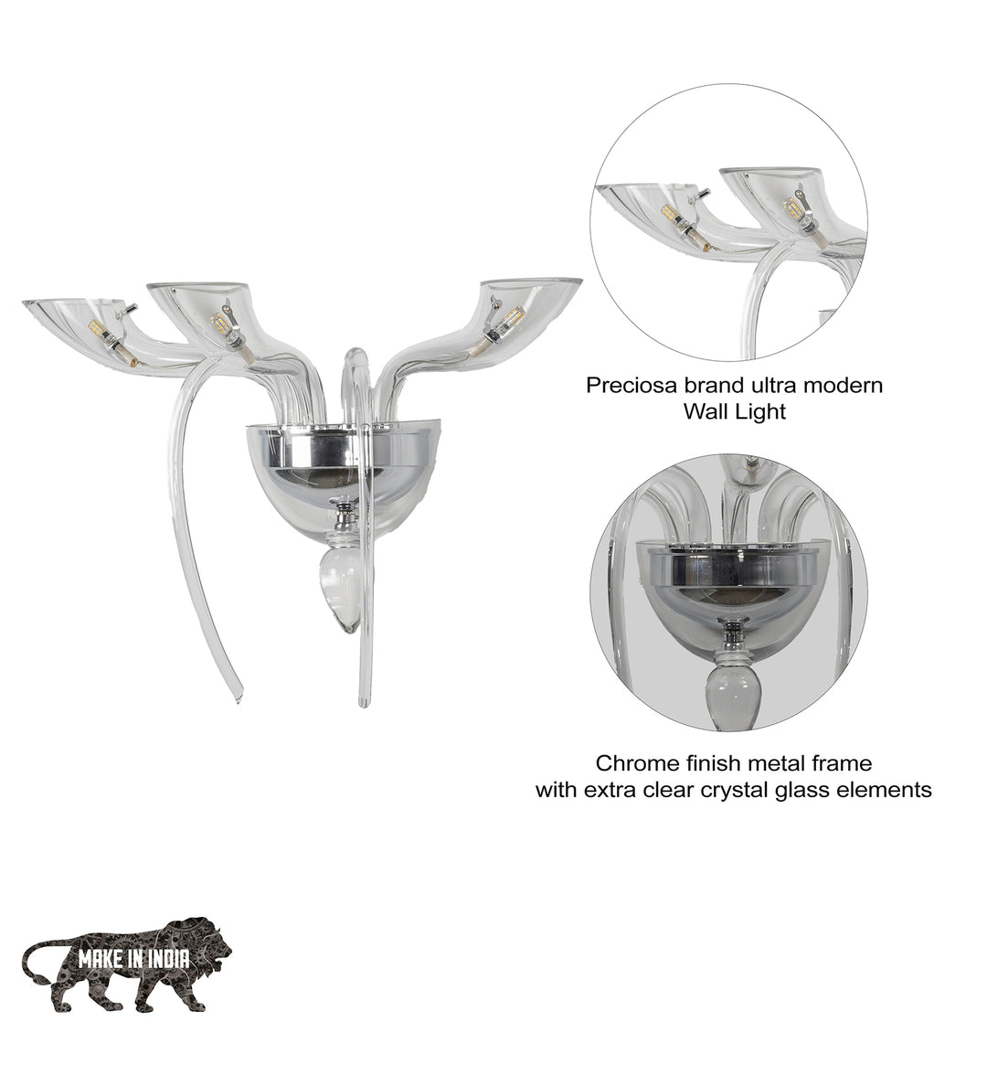 STANFORD Triple Arm Crystal Wall Light with Clear Glass & Chrome Finish