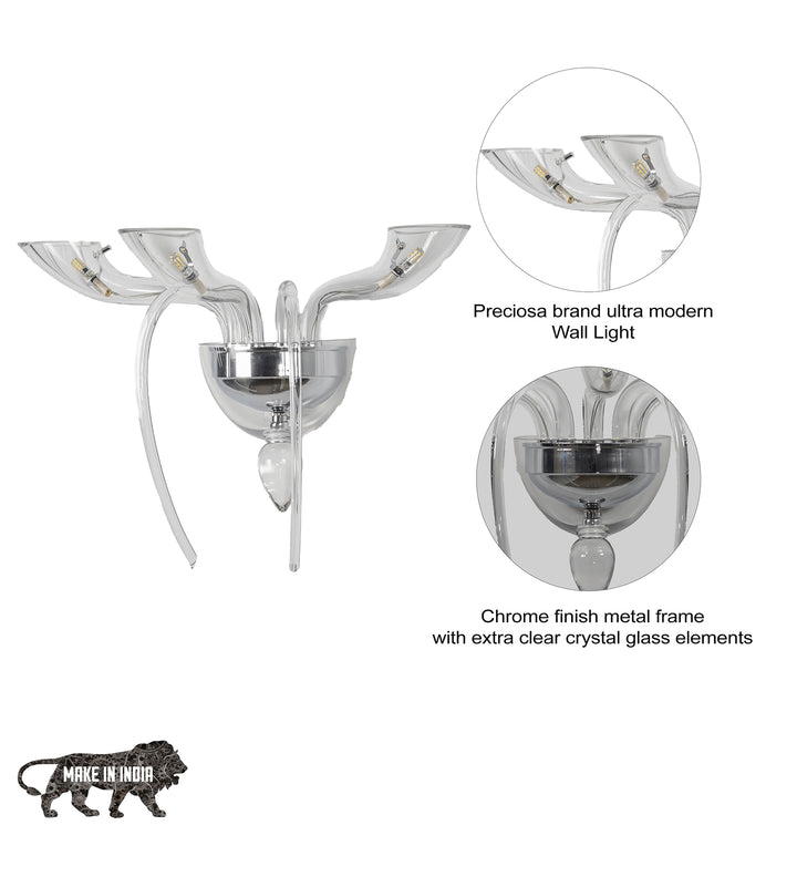 STANFORD Triple Arm Crystal Wall Light with Clear Glass & Chrome Finish