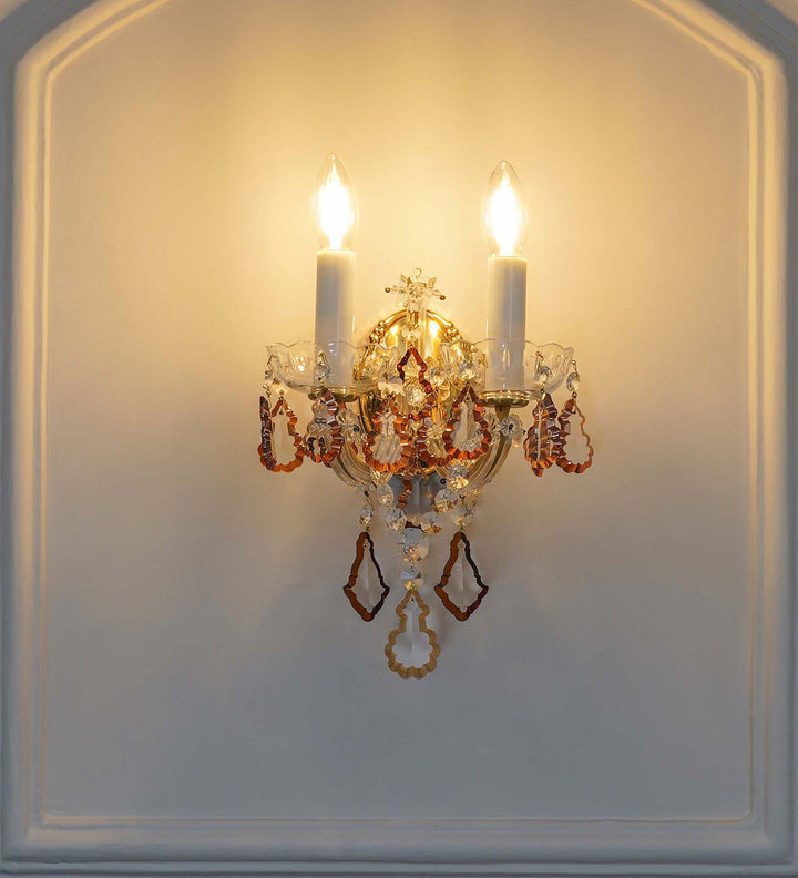 TAMARA Double Arm Crystal Wall Light with Honey-Coloured Crystals & Gold Finish