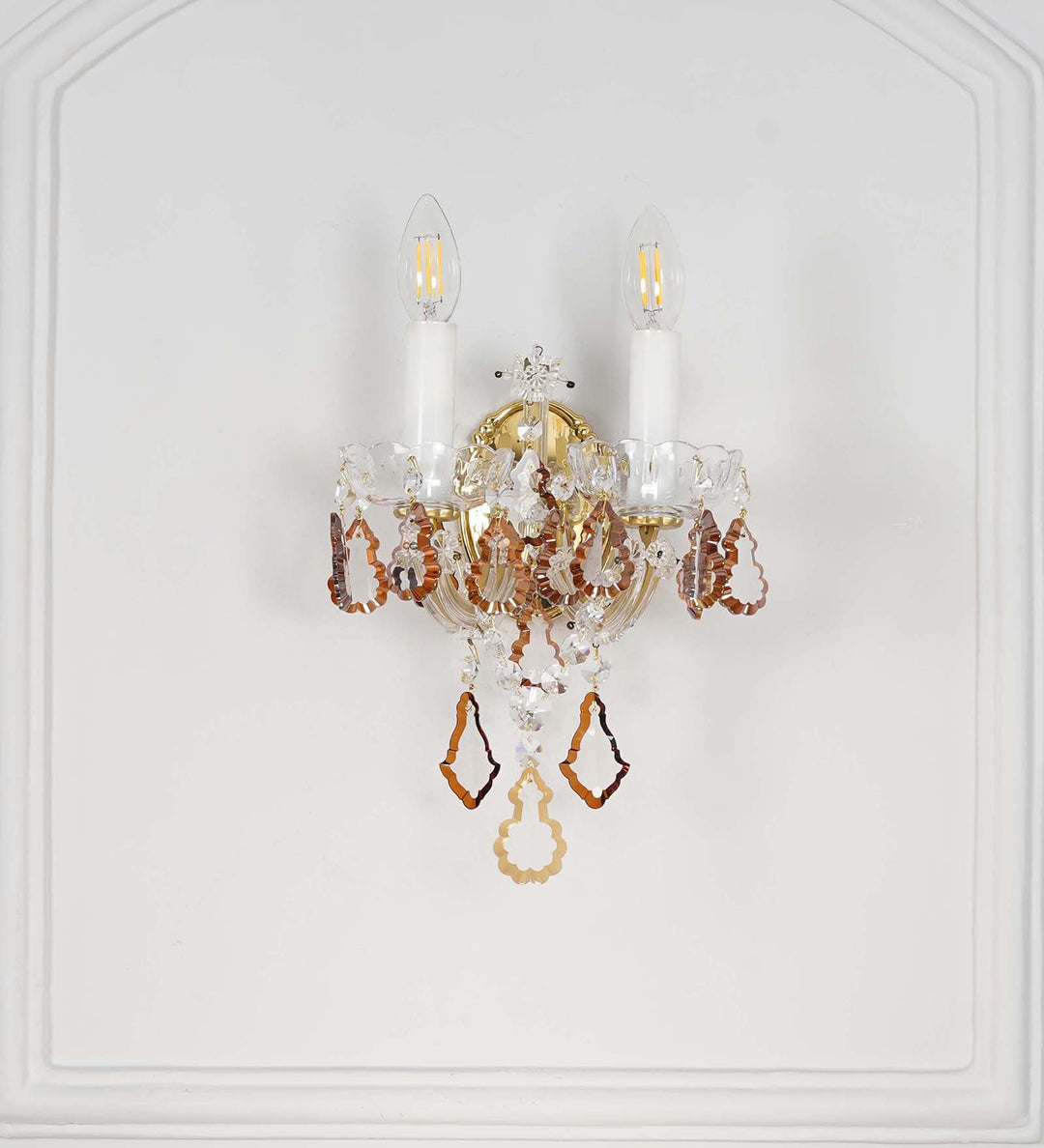 TAMARA Double Arm Crystal Wall Light with Honey-Coloured Crystals & Gold Finish