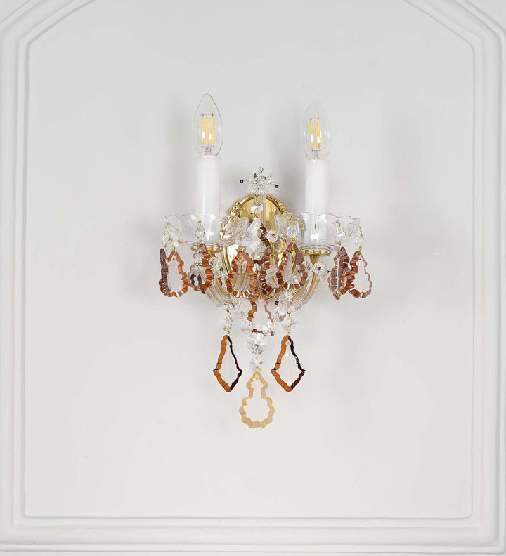 TAMARA Double Arm Crystal Wall Light with Honey-Coloured Crystals & Gold Finish
