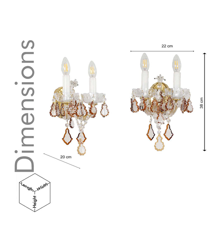 TAMARA Double Arm Crystal Wall Light with Honey-Coloured Crystals & Gold Finish