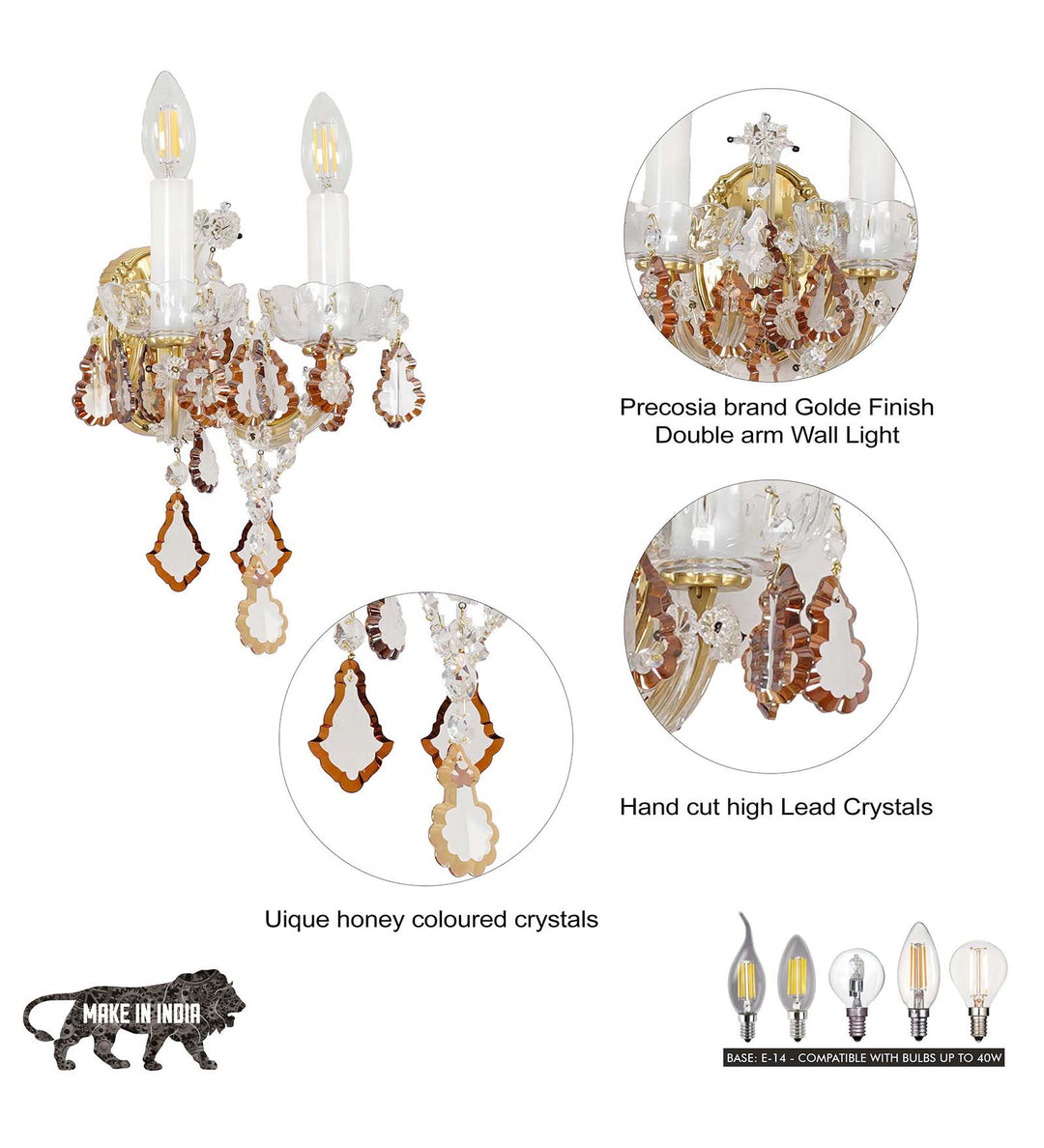 TAMARA Double Arm Crystal Wall Light with Honey-Coloured Crystals & Gold Finish