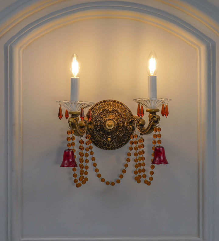 REGALIA 2-Light Antique Brass Wall Light with Crystal Drops – Classic Decorative Double Arm Wall Lamp