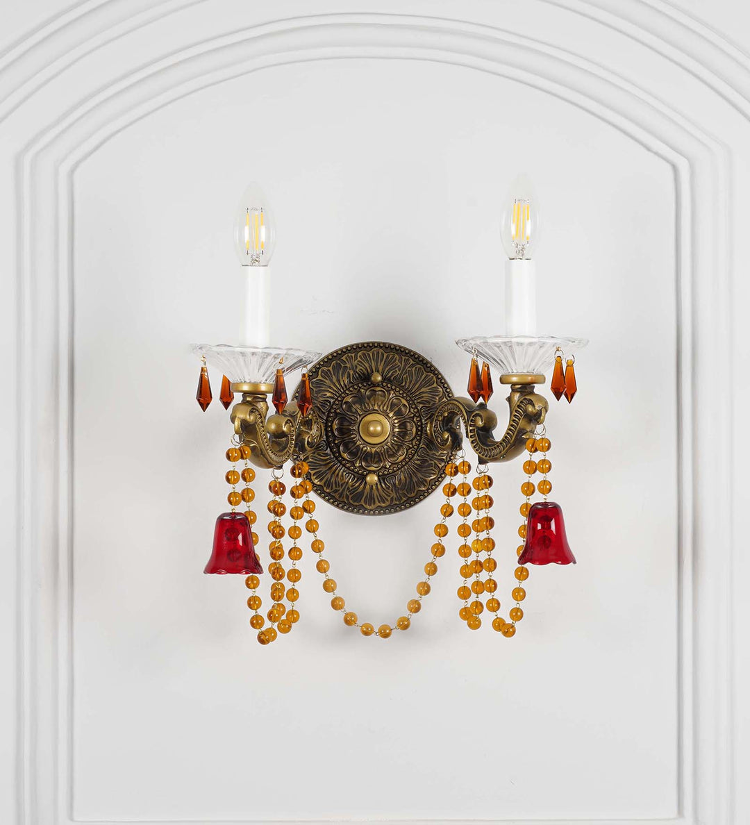 REGALIA 2-Light Antique Brass Wall Light with Crystal Drops – Classic Decorative Double Arm Wall Lamp