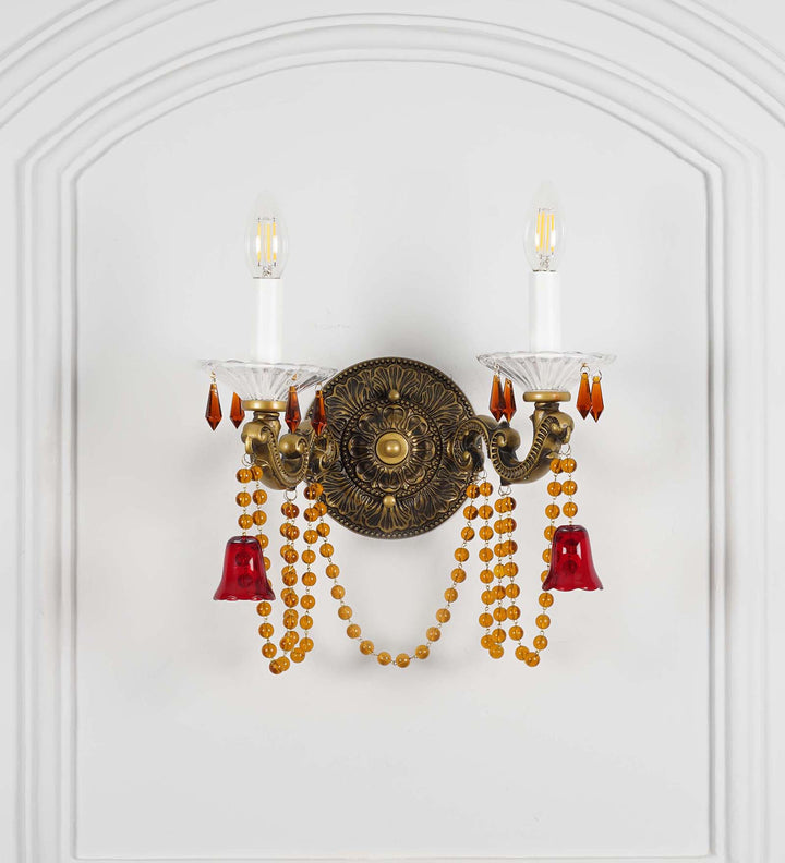 REGALIA 2-Light Antique Brass Wall Light with Crystal Drops – Classic Decorative Double Arm Wall Lamp