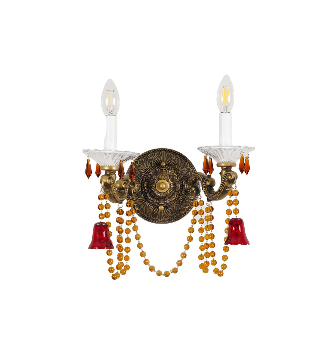 REGALIA 2-Light Antique Brass Wall Light with Crystal Drops – Classic Decorative Double Arm Wall Lamp