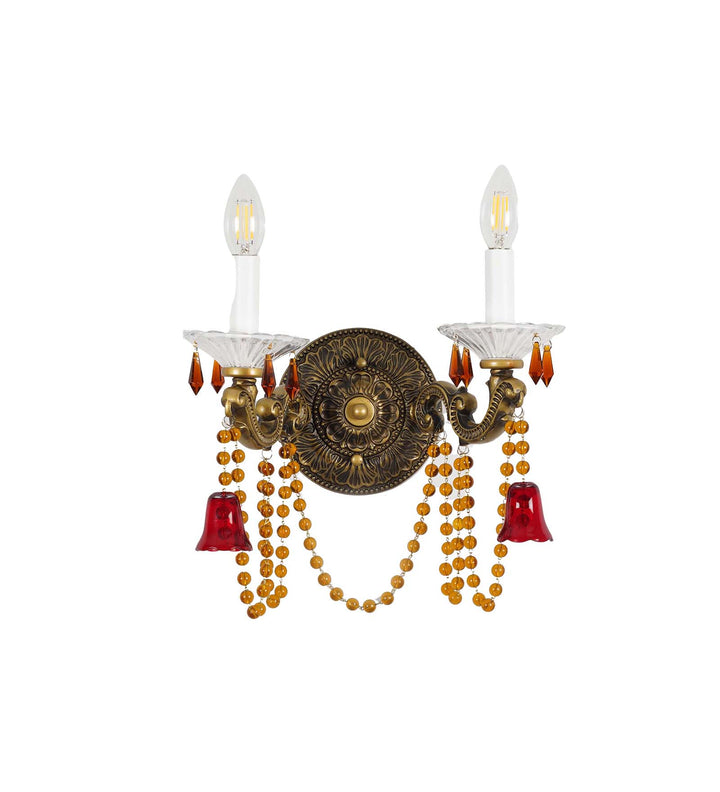 REGALIA 2-Light Antique Brass Wall Light with Crystal Drops – Classic Decorative Double Arm Wall Lamp
