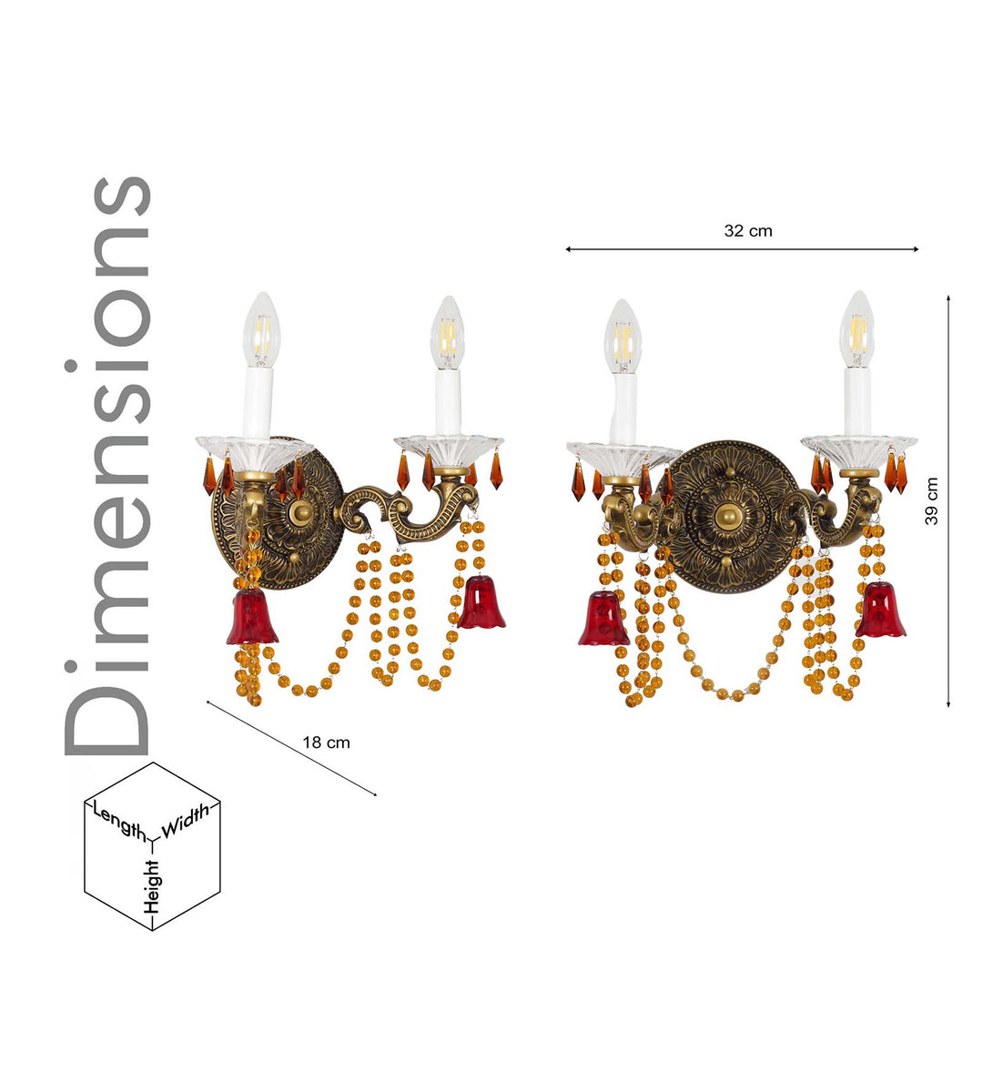 REGALIA 2-Light Antique Brass Wall Light with Crystal Drops – Classic Decorative Double Arm Wall Lamp