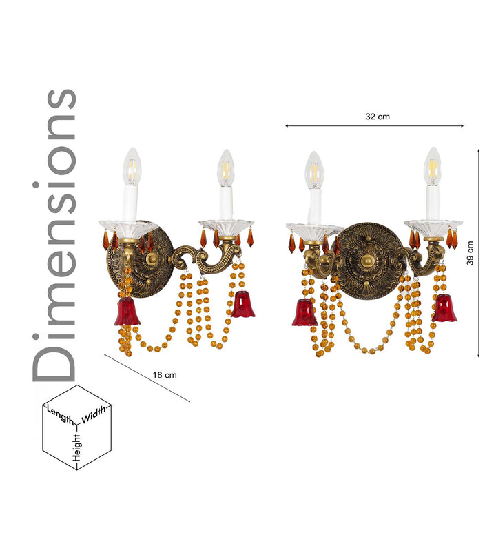REGALIA 2-Light Antique Brass Wall Light with Crystal Drops – Classic Decorative Double Arm Wall Lamp