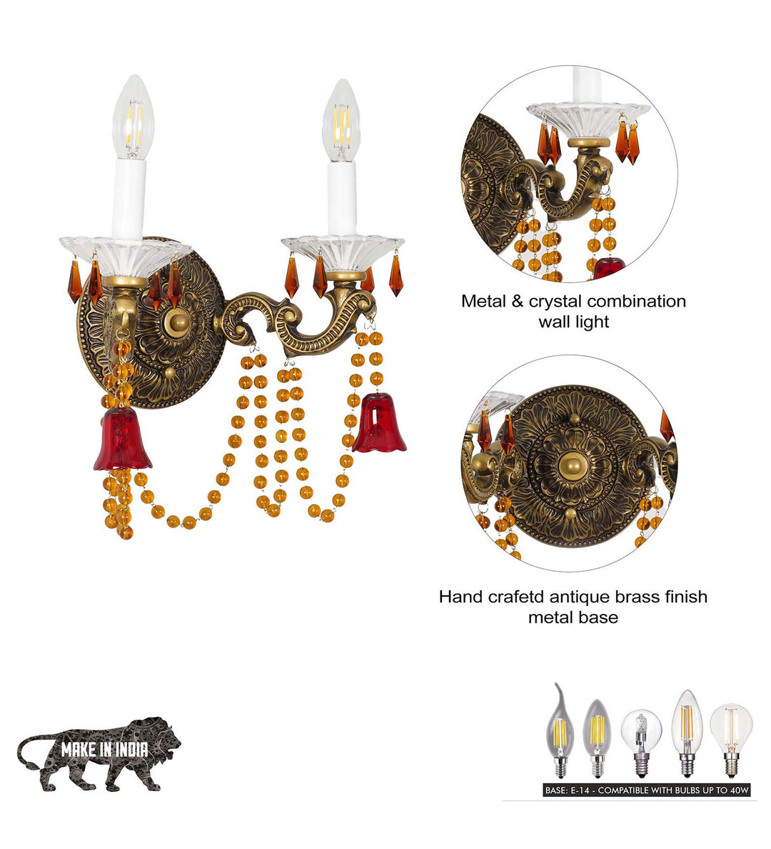 REGALIA 2-Light Antique Brass Wall Light with Crystal Drops – Classic Decorative Double Arm Wall Lamp