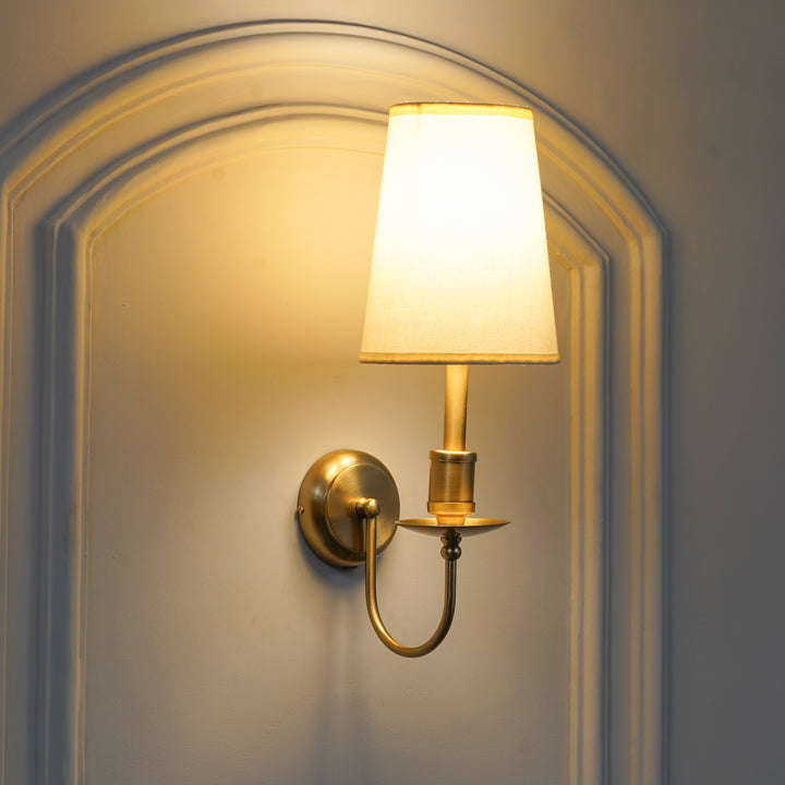 TYLER Brass Finish Metal Wall Light with White Cotton Fabric Shade