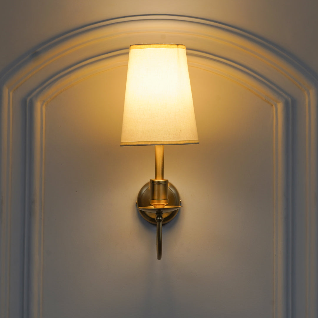 TYLER Brass Finish Metal Wall Light with White Cotton Fabric Shade