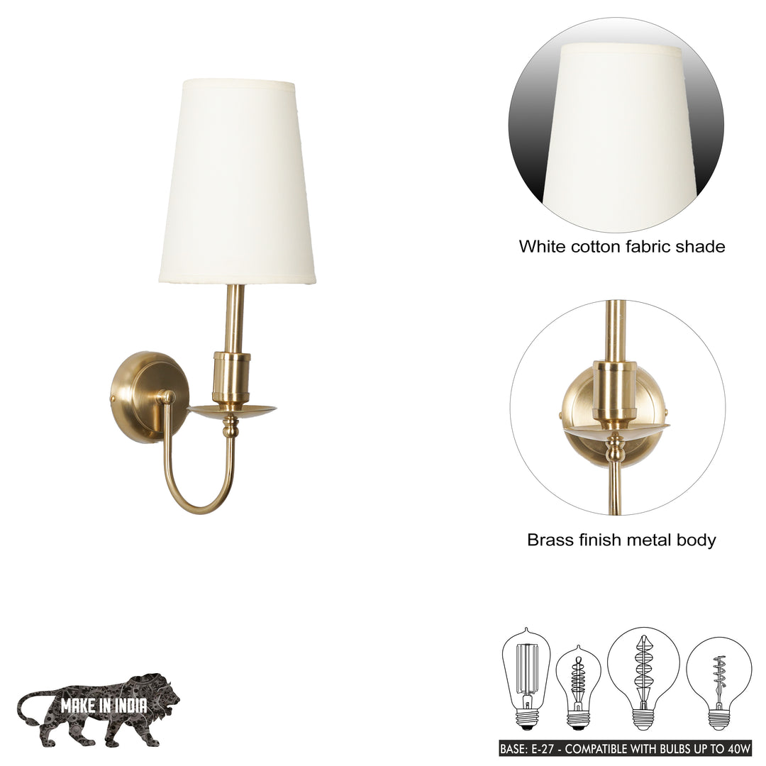 TYLER Brass Finish Metal Wall Light with White Cotton Fabric Shade