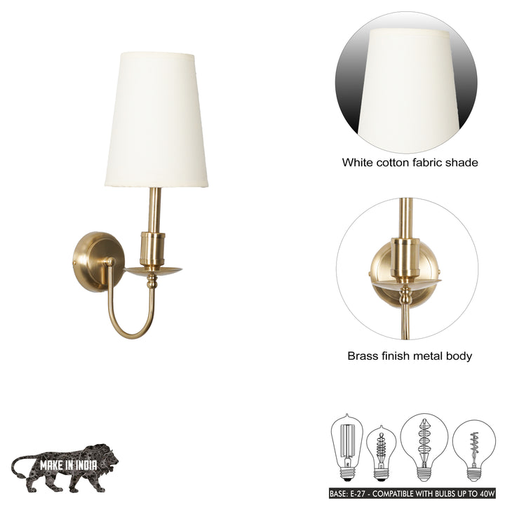 TYLER Brass Finish Metal Wall Light with White Cotton Fabric Shade