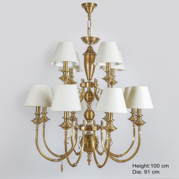 ELENA 8+4 Lights Brass Chandelier in Antique Finish With Off-White Gabric Shades