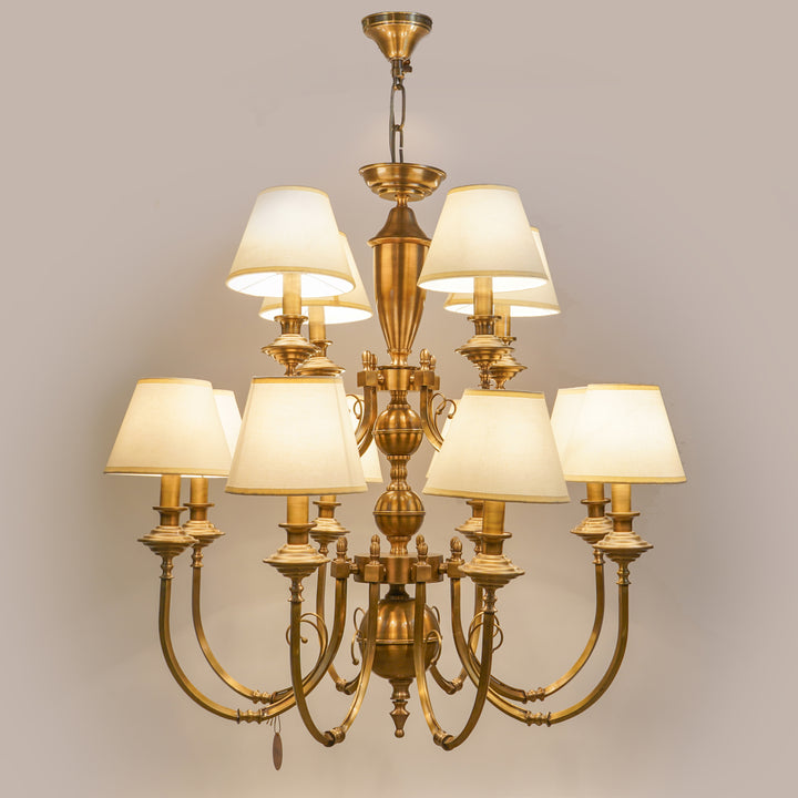 ELENA 8+4 Lights Brass Chandelier in Antique Finish With Off-White Gabric Shades