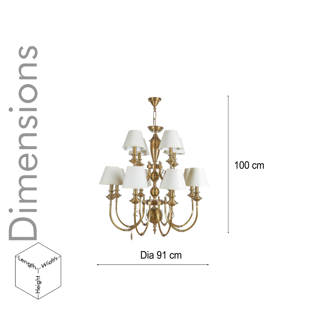 ELENA 8+4 Lights Brass Chandelier in Antique Finish With Off-White Gabric Shades