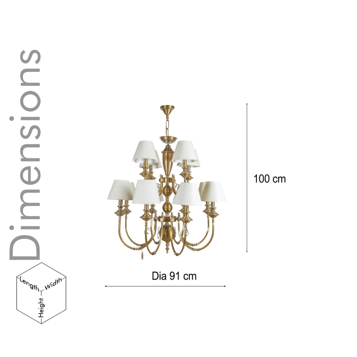 ELENA 8+4 Lights Brass Chandelier in Antique Finish With Off-White Gabric Shades