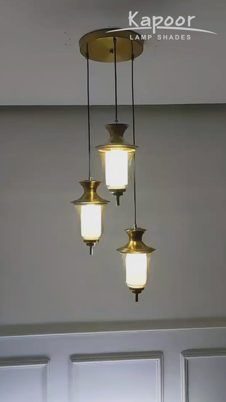 ISLA 3 Light Ceiling Pendant In Brass Finish Metal With Amber And Frosted White Glass Shades