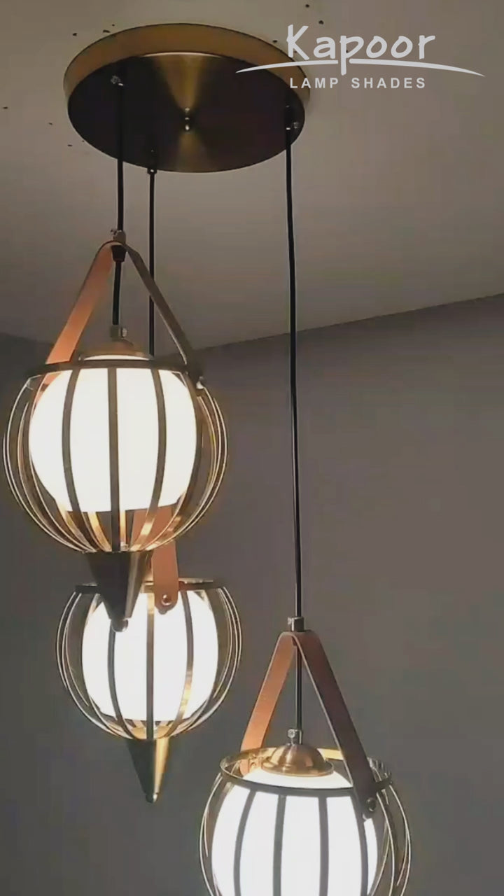 ALFIE 3 Light Ceiling Pendant In Brass Finish Metal And Brown Leather With Frosted White Glass