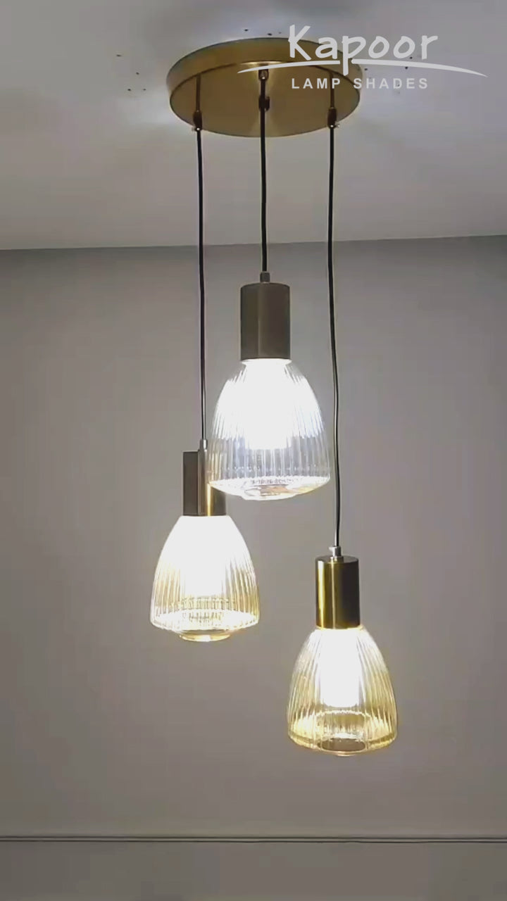 KLIMT 3 Light Ceiling Pendant In Brass Finish Metal With Amber Rippled Glass Shades