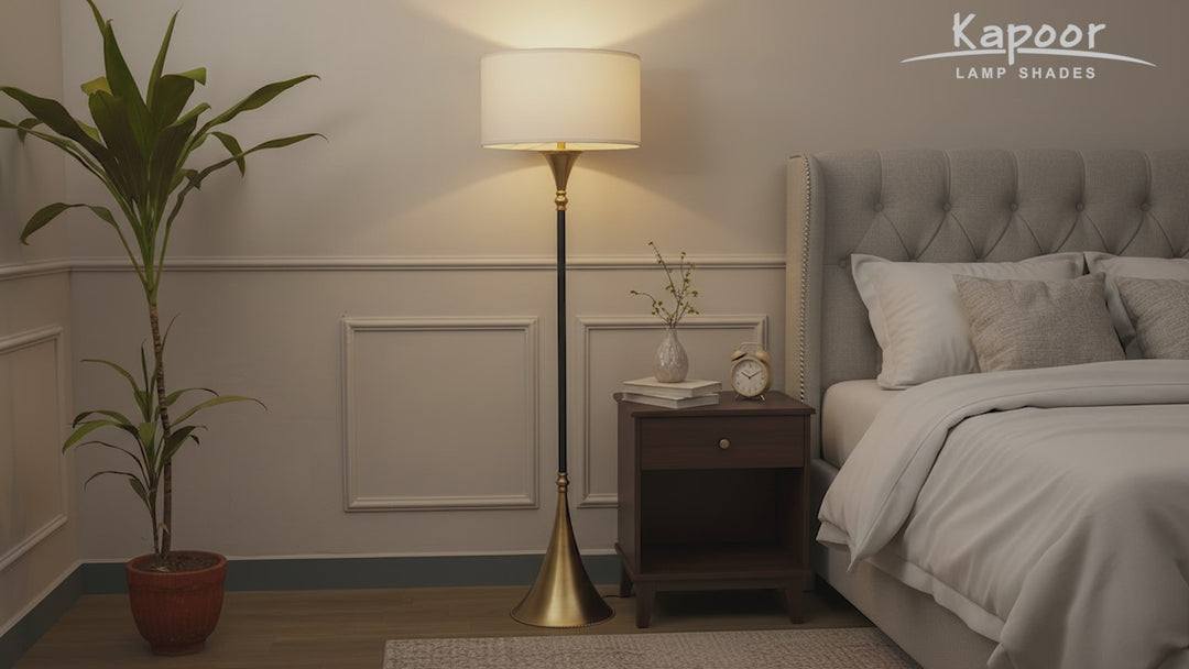 COLORADO Single Light Floor Lamp In Black & Brass Finish With Cotton Fabric Shade