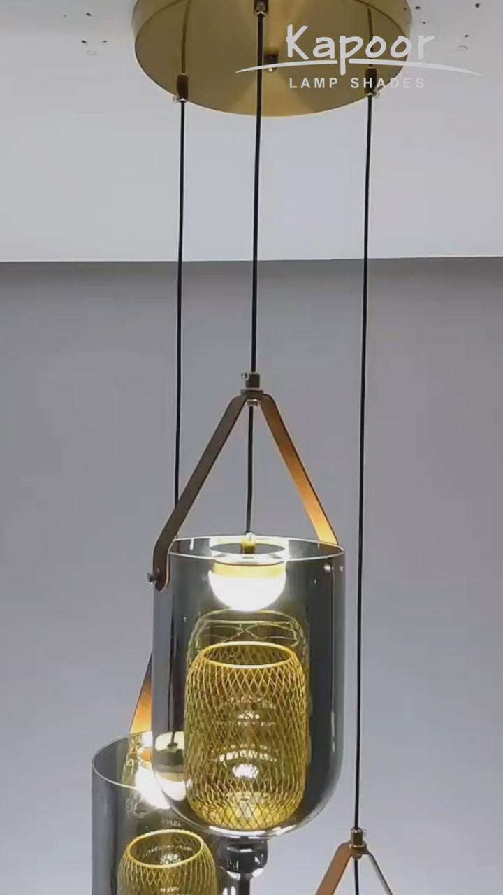 DUO Integrated 3-Light LED Ceiling Pendant In Brass Finish Metal And Brown Leather with Gray Glass Shades