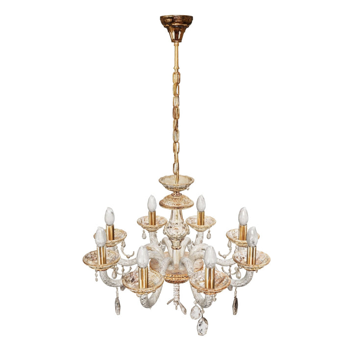 VELA 8 Arm Ceiling Chandelier In Brass & Clear Finish With Glass Crystal Drops & Trim