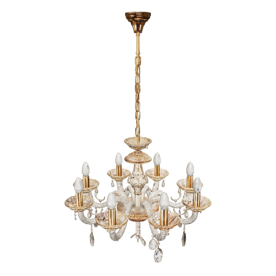 VELA 8 Arm Ceiling Chandelier In Brass & Clear Finish With Glass Crystal Drops & Trim