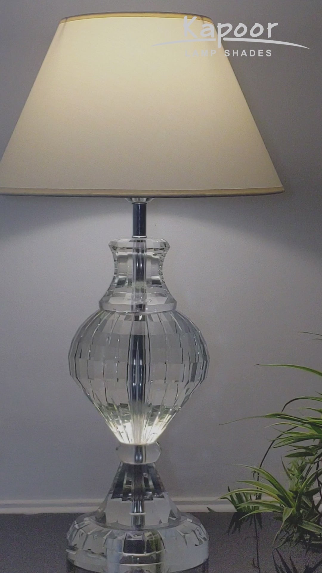 LENA Trophy Shaped Clear Crystal Table Lamp With White Cotton Shade