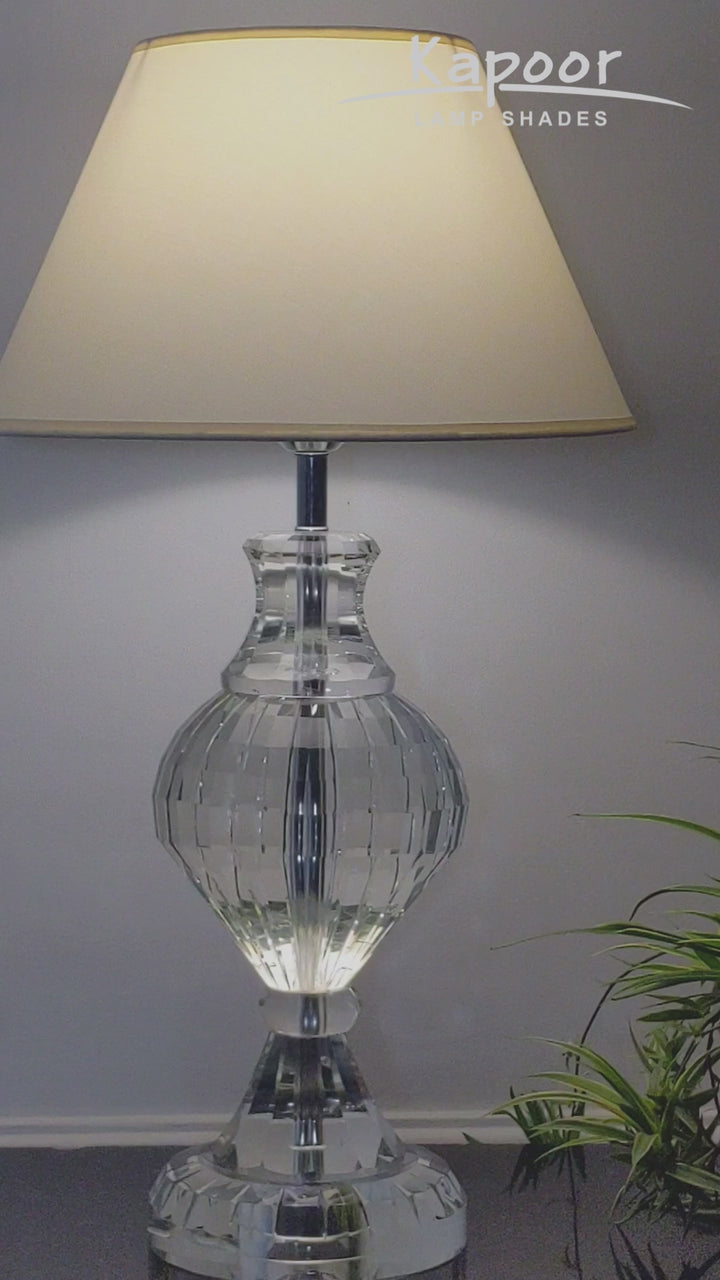 LENA Trophy Shaped Clear Crystal Table Lamp With White Cotton Shade
